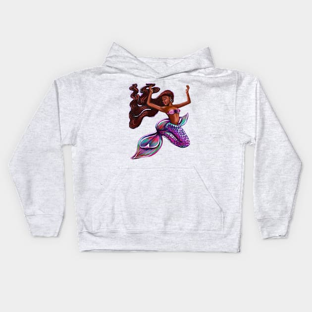 mermaid with flowing red braids,   Afro hair and caramel brown skin. Black mermaid Kids Hoodie by Artonmytee